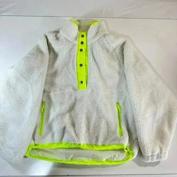 American Eagle White Fleece Sherpa Large NWT Neon Snap Pullover Yellow Green 90s - Picture 4 of 10